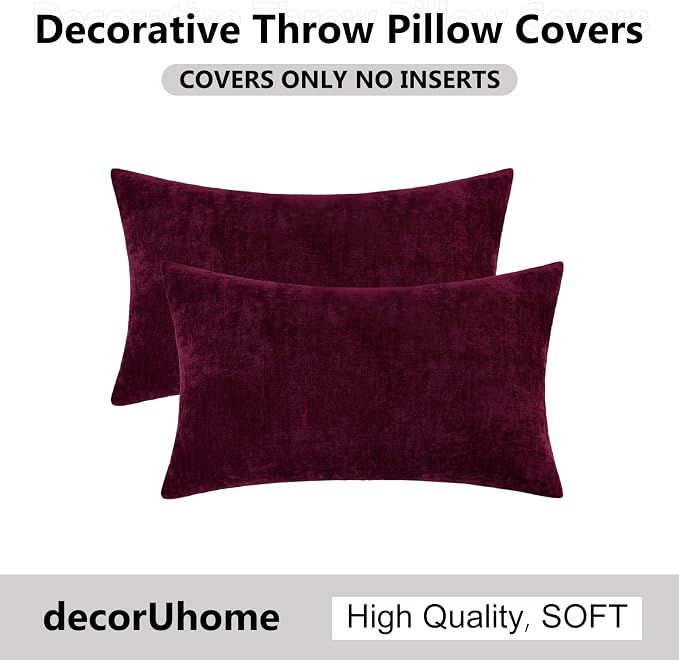 decorUhome Soft Chenille Burgundy Throw Pillow Covers 12X20 Set of 2 | Decorative Fall Couch Pillow Covers Solid Dyed Accent Modern Farmhouse Neutral Rectangle Pillow Cases for Sofa