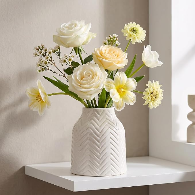 hjn White Vase for Flowers Ceramic Vase for Decor, Modern Decorative Vase, Vases for Your Kitchen/Office/Living Room/Bookshelf/Mantel - White Texture(Small)