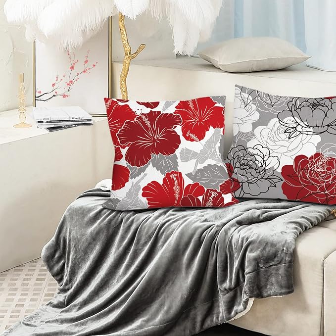 Red Grey Throw Pillow Covers 20x20 Set of 6, Dasiy Floral Home Decor | red floral, decorative cushion cover, Breathable Linen, Large Throw Pillow Size, Spring Christmas Couch Sofa Living Room