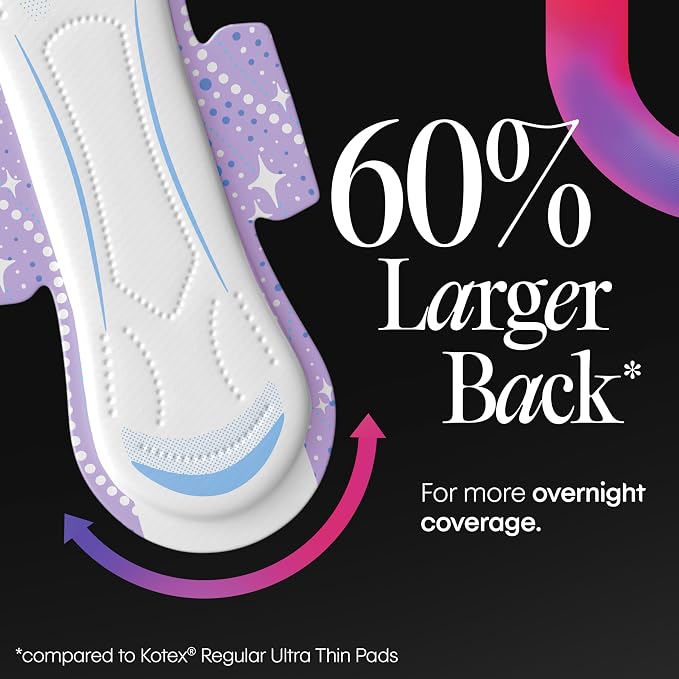 Kotex Overnight Maxi Pads with Wings, 78 Count (3 Packs of 26)(Packaging May Vary)