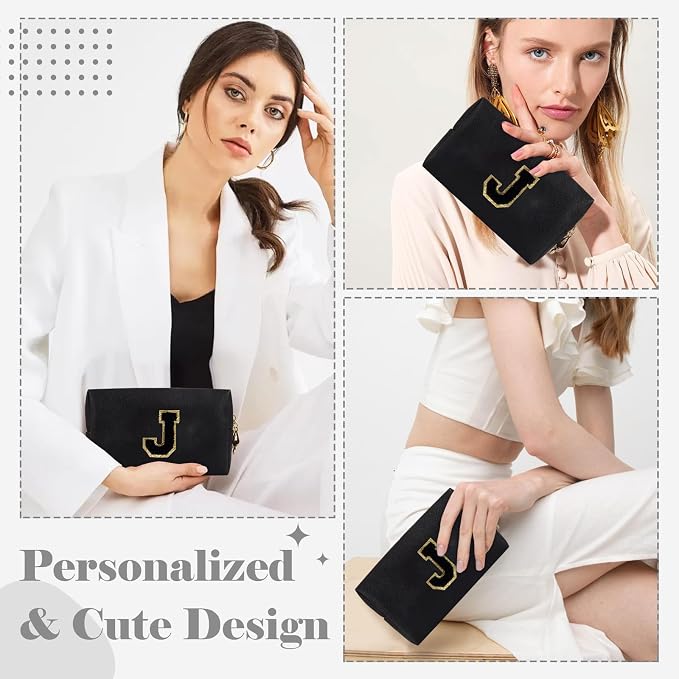 Personalized Initial A-Z Preppy Patch Makeup Bag,Small PU Chenille Letter Cosmetic Bag with Zipper for Teen Girls,Black Cute Toiletry Organizer Bag,Monogram Makeup Case Gift for Women Girls,Letter J