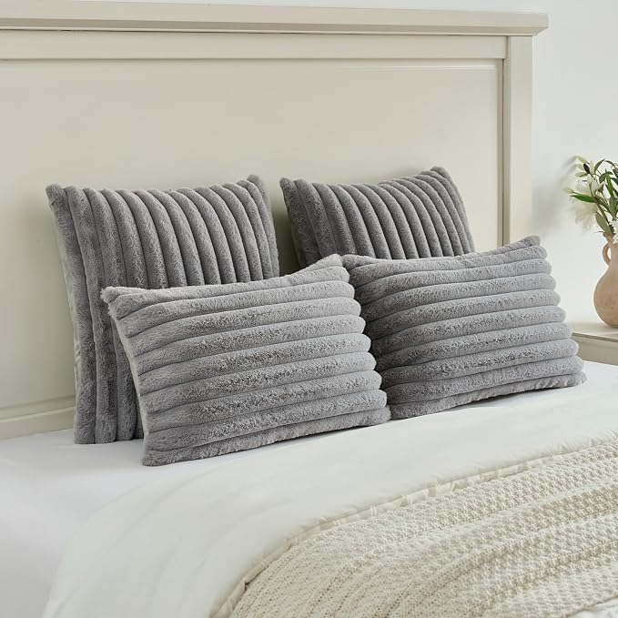 FUTEI Pack of 2 Faux Fur Throw Pillow Covers 22x22 Inch, Grey | Fluffy Faux Rabbit Fur Front/Premium Velvet Back,Hidden Zipper,Machine Washable,Non-Shedding,Colorfast,Insert Not Included.