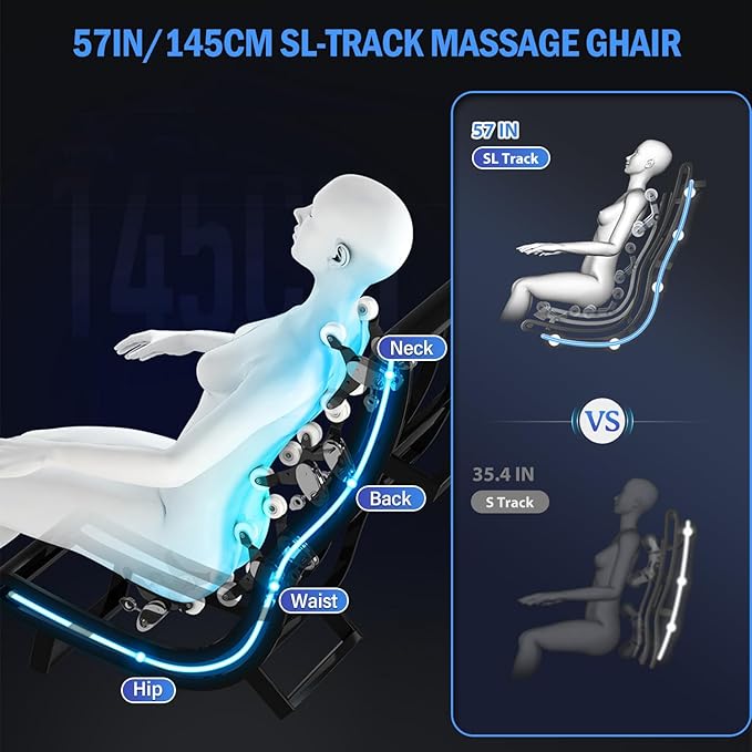 Zero Gravity Massage Chair - 57" Extra-Long SL-Track for Full Body Relief, Back/Leg Heat & Airbag Massage - Relieve Back Pain for Sedentary Workers/Elderly