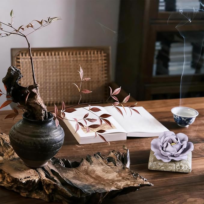 Ceramic Passive Essential Oil Diffuser, Aesthetic Desktop Handmade Flower & Concrete Base, Porcelain Aromatherapy Oils Diffuser for Home, Office, Yoga, Spa Room (Purple Peony)