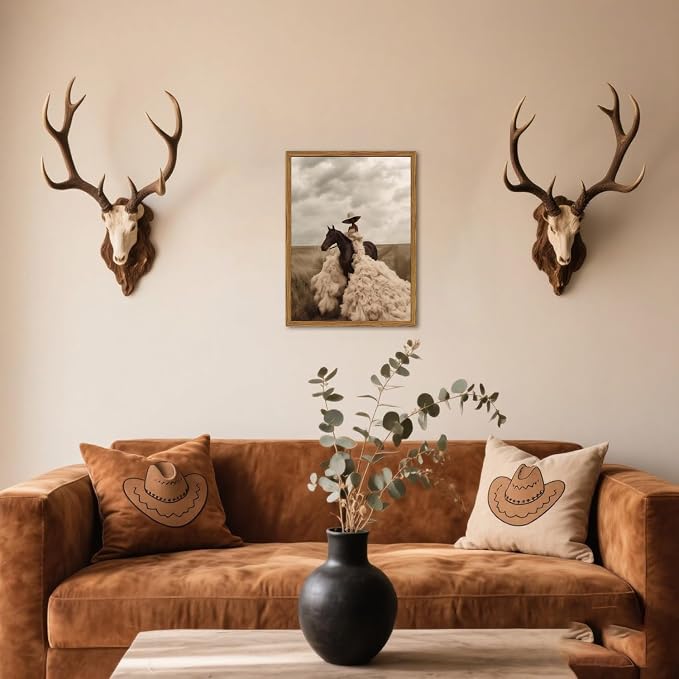 Western Cowgirl Riding Horse Wall Art Vintage Black Girl Rodeo Wall Decor Painting, African American Woman Southwest Poster Canvas Prints for Living Room Bedroom 12x16 inch Wood Framed