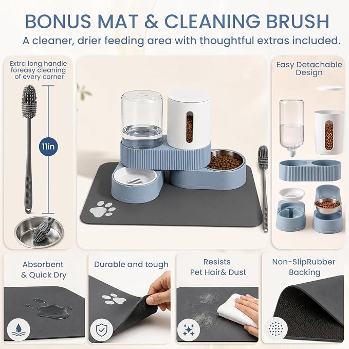 Gravity Cat Feeder and Water Dispenser 2 Pack Automatic Stainless Steel Feeder Bowls with Silicone Mat and Brush Set, Dry Food and Water Dispenser for Cats Small Medium Dogs(Blue)