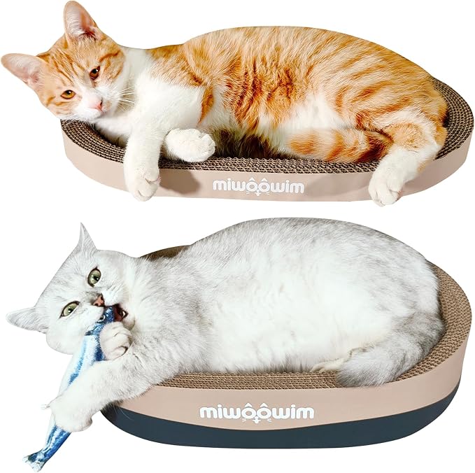 miwoowim 3-Piece Cat Scratcher Set, Oval Bowl Nest for Indoor Cats | 2 oval bed &1 box for scratching & lounging,Durable round corrugated cardboard pad & catnip toy.Furniture protector for couch