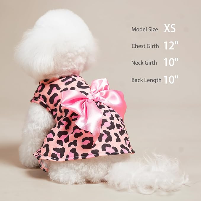 PUPTECK Fashionable Dog Dress with Bow Puppy Clothes, Pink Leopard Print S | Breathable Puppy Doggie Pet Clothes Outfits Apparel Costume for Party Holiday Photoshoot for Small Medium Large Dogs Girl