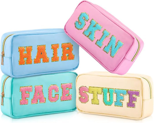 Preppy Makeup Bags Chenille Letter Stuff Bag Nylon Cosmetic Pouch Cases with Zipper for Women Travel Toiletry(Light Color,Vivid,4 Pcs)