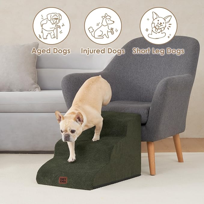 EHEYCIGA Curved Dog Stairs Ramp, 3-Step Dog Steps, 15.7" H Pet Step | 33D density of pure foam, for Small Dogs and Cats, Pet Stairs for High Bed Climbing, Non-Slip Balanced Indoor, Military Green