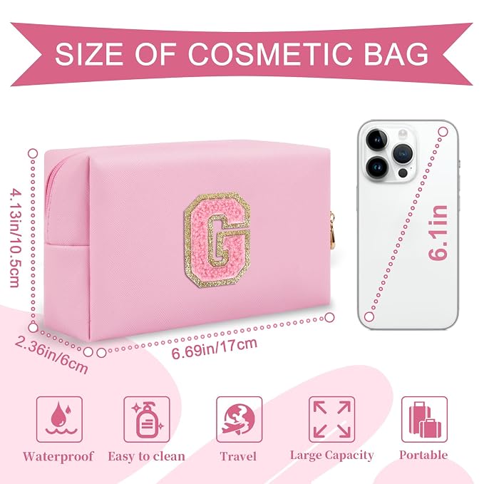 Personalized Initial A-Z Preppy Patch Makeup Bag,Small PU Leather Chenille Letter Cosmetic Bag with Zipper for Teen Girls,Pink Cute Travel Toiletry Bag,Birthday Monogrammed Gift for Daughter,Letter G
