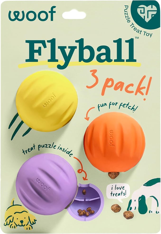 WOOF Flyball Fetch Ball & Dog Treat Dispenser Toy, 3-Pack | 2-in-1 fetch ball, fits standard ball launchers, treat dispenser, durable rubber, dishwasher safe, puzzle enrichment