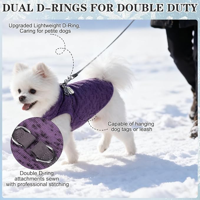 Fleece Dog Sweater - Pullover Dog Jacket, Warm Winter Coat Vest with D-Ring for Leash, Pet Cold Weather Clothes Outfit, Sweatershirt for Boys or Girls Puppy Purple L