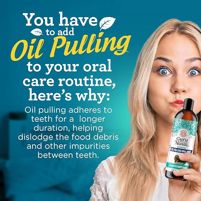 GuruNanda CocoMint Oil Pulling Mouthwash for Complete Oral Hygiene, 7 Essential Oils & Vitamins for Happy Teeth & Gums & Fresh Breath, with 2 Toothbrushes & 2 Tongue Scrapers, Alcohol-Free, 3X8 oz