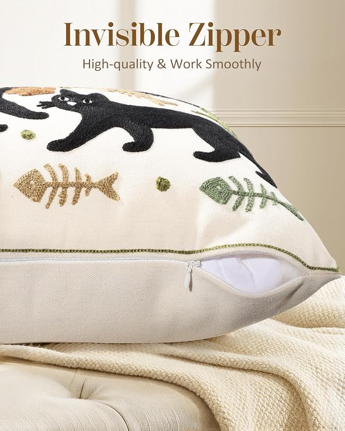 Animal Embroidered Throw Pillow Cover 18x18 Inch, Black Cat Leaves | Decorative Pillow Cover, Cottagecore Cushion Cases with Hidden Zipper, Farmhouse Decor for Couch, Sofa, Living Room