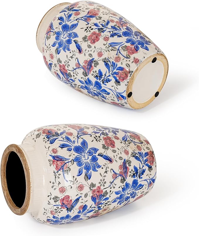 Sungmor Ceramic Flower Vase, Vintage Blue Ice Cracked Glaze Porcelain Vase | Pretty Home Decor Vase for Flower Arrangement, Fresh Flowers, 10.2 Inch Tall Chinoiserie Pottery Vase, Green Floral Pattern