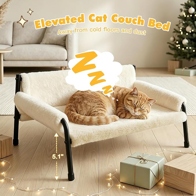 Pawaboo Elevated Cat Couch Bed for Indoor Cats, Sturdy Metal Frame Cat Sofa | Cat Bed Furniture with Removable Washable Cover, Reclined Backrest, Fluffy Raised Pet Sofa Kitten Hammock Chair Home, Beige