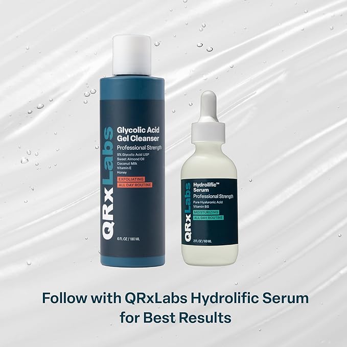 QRxLabs Glycolic Acid Face Wash Gel Cleanser - Ingrown Hair Relief & Dark Spot Correction Facial Exfoliator - Oil Control Cleanser - Unscented, 6 Fl Oz