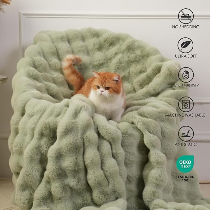 Super Comfort Oversized Warm Thick Bubble Luxury Plush Rabbit Faux Fur Throw Blanket, Fluffy Blanket,Soft Cozy Blanket for Couch Chair Bed Sofa Living Room (Sage Green, 50inX60in)