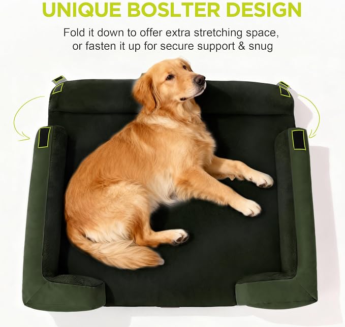 Waterproof Orthopedic Dog Bed for Medium Large Sized Dogs | Memory Foam Pet Bed Sofa with Bolster, Dog Couch with Washable Cover & Non-Slip Bottom, 36x27 Inch, Oliva Green