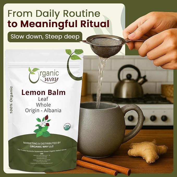Organic Way Lemon Balm Leaf Whole (Melissa officinalis) - Herbal Tea | Organic & Kosher Certified | Vegan | Raw, Non GMO & Gluten Free | USDA Certified | Origin - Albania (1LBS / 16Oz)