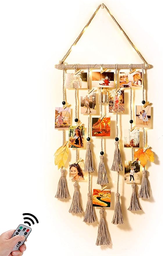 Hanging Photo Display Wall Decor, Gray Macrame Wall Hanging Boho Room Decor, Picture Frame Collage Board with Remote Light 30 Clips, Bedroom Home Decor, Christmas Mom Grandma Teen Girl Gifts