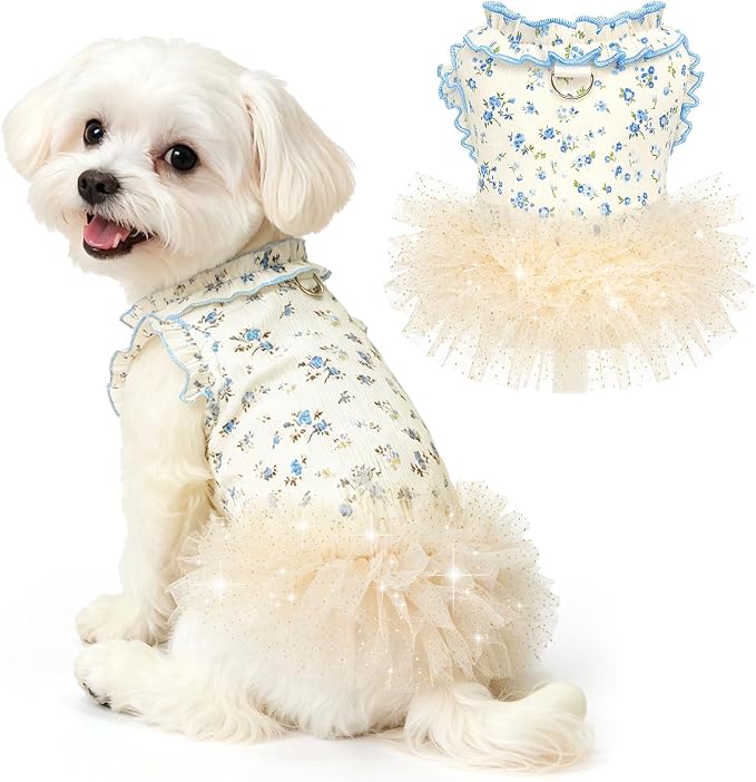 Dog Dresses for Small Dogs Girl,Floral Dog Tutu Dress,Pet Clothes for Puppy Small Cats Cute Dog Princess Skirt for Female Pet Birthday Party Outfit（Blue,Large）