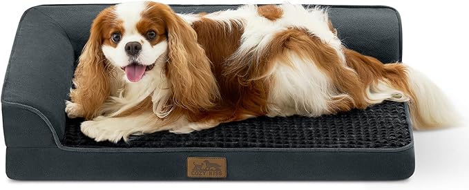 COZY KISS Orthopedic Dog Bed for Medium Small Size Dogs, L Shaped 30x20 in | Non-Slip Bottom Soft Pet Sofa with Washable Removable Waterproof Cover, Egg-Crate Foam Couch with Portable Handle, Black