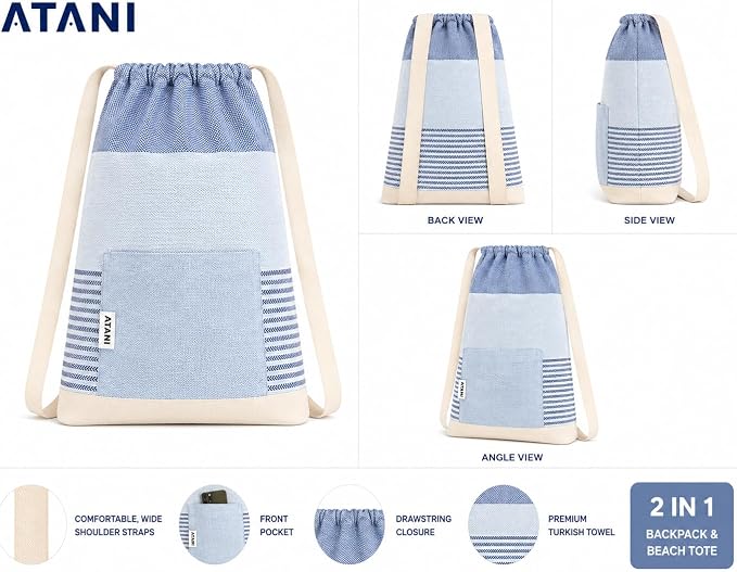ATANI Turkish Beach Towel (71x39 Inches), Converts to a Bag, Oversized 100% Cotton Bath Towels Lightweight Quick-Dry Beach Blanket for Travel, Picnic, Camping, Yoga and Pool (Blue)