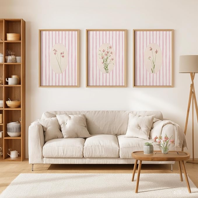 Youillne Pink Flower Wall Art Striped Floral Prints Botanical Canvas Wall Decor Aesthetic Pictures Pastel Pink Floral Poster Minimalist Flower Painting for Girl Room 12x16 Inch Unframed Set of 3
