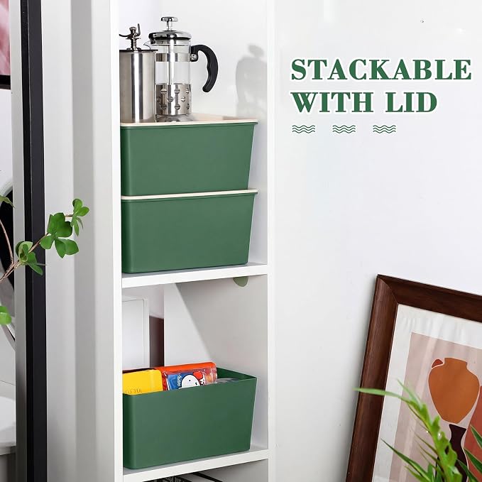 4 Pcs Storage Bins with Lids Plastic Stackable Containers for Classroom Room Organizing Shelves Christmas Ornament Box Baskets(Green,Large)