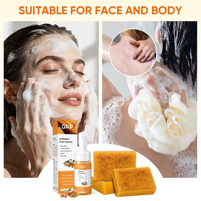 4Pcs Turmeric Soap & Turmeric Face Wash with Brush Skin Care Set, Lemon Turmeric Soap for Face & Body, Daily Facail Cleanser for All Skin Types, Deep Cleansing Turmerics Wash and Care Set