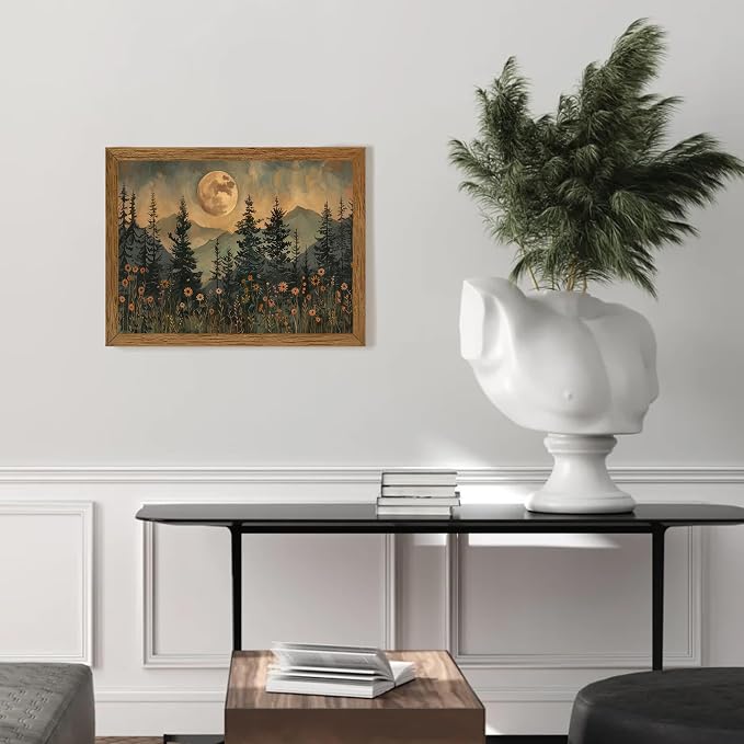 JLTULT Vintage Pine Tree Wall Art, Moonlit Wood-Framed Canvas, 12 x 16 In | Moonlit pine forest with wildflowers, fade-resistant canvas and ready-to-hang frame for bedrooms, living rooms and offices