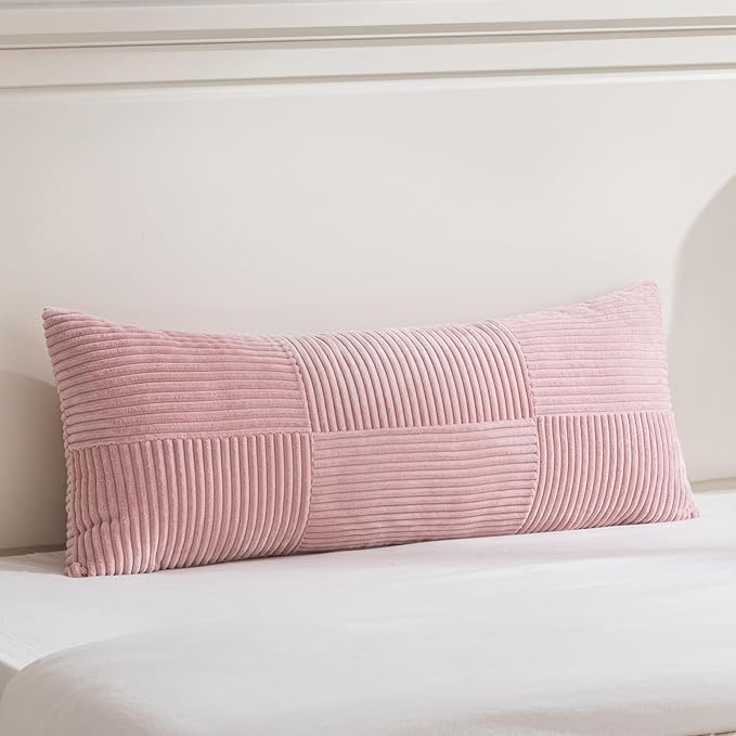 Fancy Homi Set of 1 Blush Pink Boho Long Lumbar Body Decorative Throw Pillow Cover 21x54 Inch for Bed Couch Bedroom Bench, Soft Patchwork Corduroy Textured Pillow Case, Rustic Farmhouse Room Decor