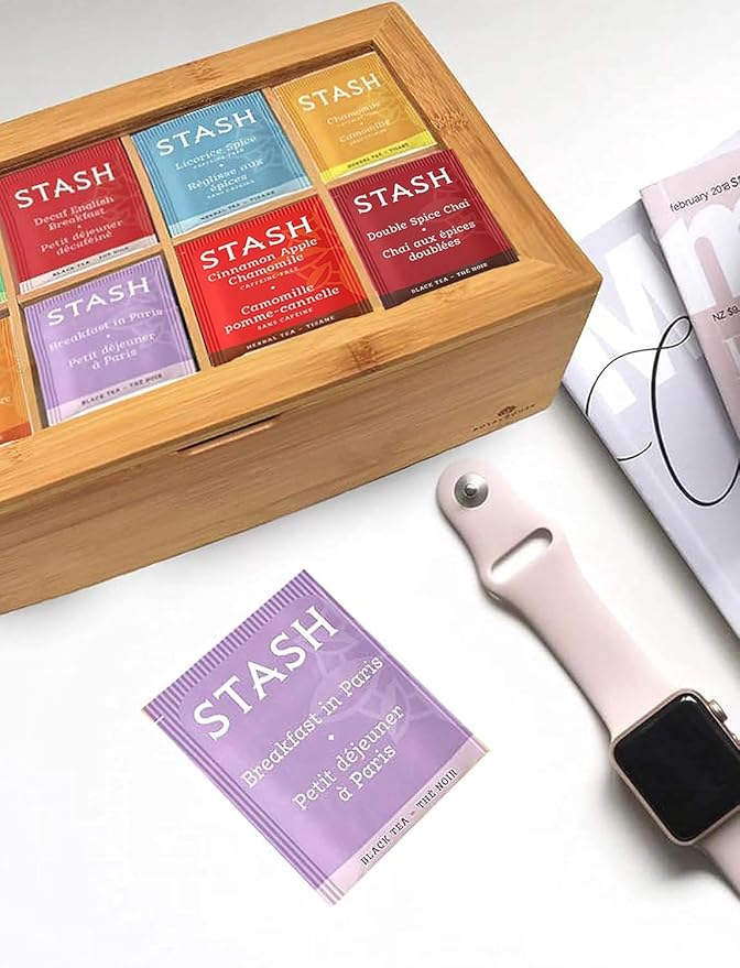 Stash Tea Bags Sampler Assortment Variety Pack 80 Tea Bags 30 Unique Flavors in Bamboo Organizer for Mom Dad Wife Husband Tea Lovers