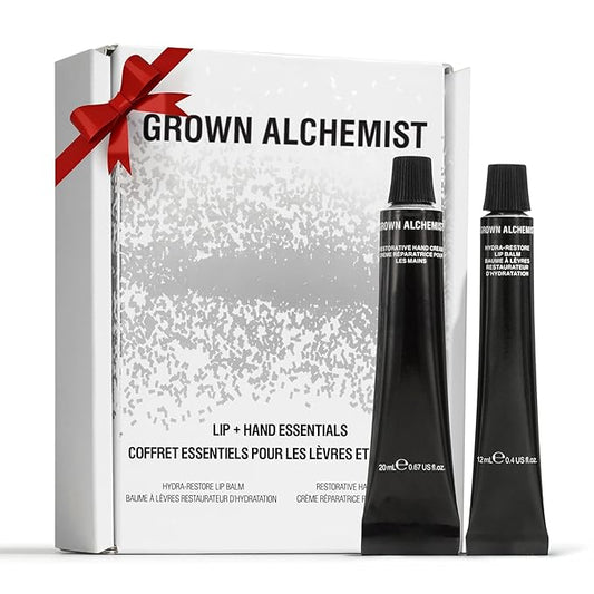 Grown Alchemist, Lip + Hand Essentials Holiday Gift Kit. Hydra-Restore Lip Balm (12 mL) & Restorative Hand Cream (20 mL). Natural Hydration Duo