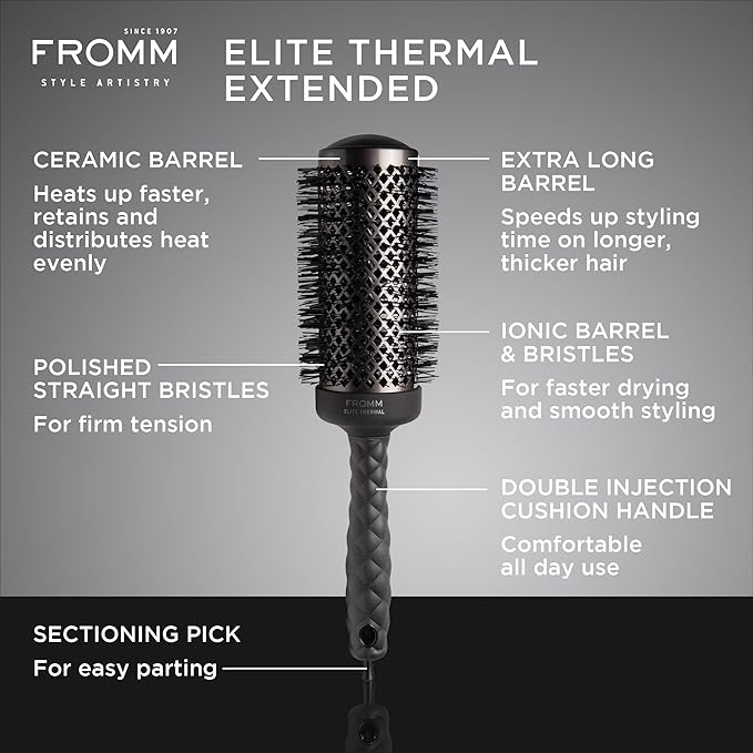 Fromm Elite Thermal Ceramic x Ionic 2 Inch Round Brush for Expert Blowouts, Faster Hair Drying, Extended Barrel for Anti-Static Styling, Smoothing, Straightening, and Shine, Ideal for Short Hair