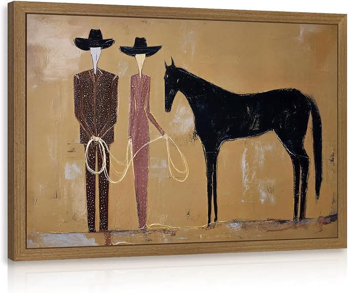 VziizV Vintage Western Cowboy Canvas Wall Art, Abstract Southwestern Cowgirl Artwork, American Ranch Farmhouse Decor, Minimalist Black Horse Canvas for Living Room Bedroom Wood Framed 12x16 Inch