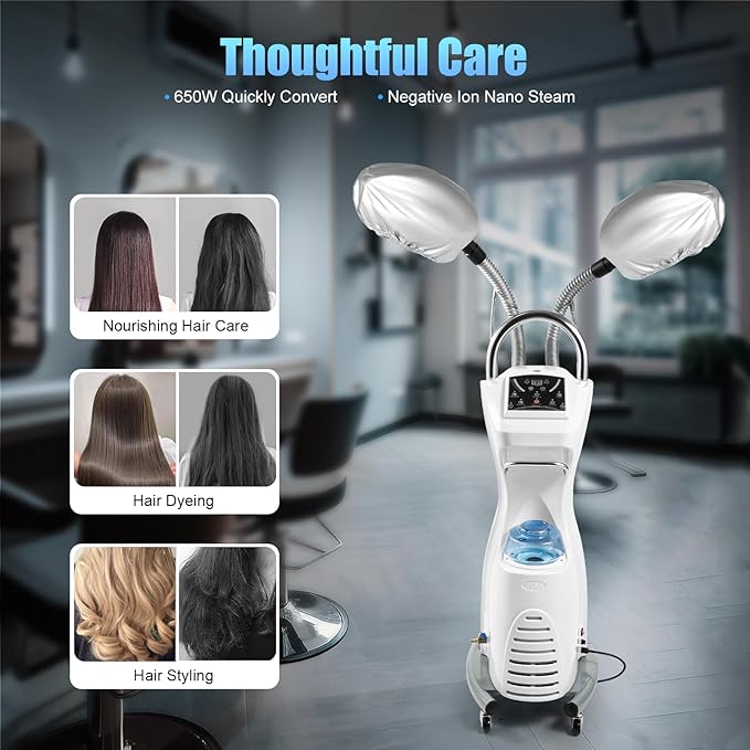 Professional Stand Hair Steamer, 7 in 1 Hair Color Processor, 650W Professional Hair Treatment Machine, Freestanding Stand SPA Machine with Rolling Base