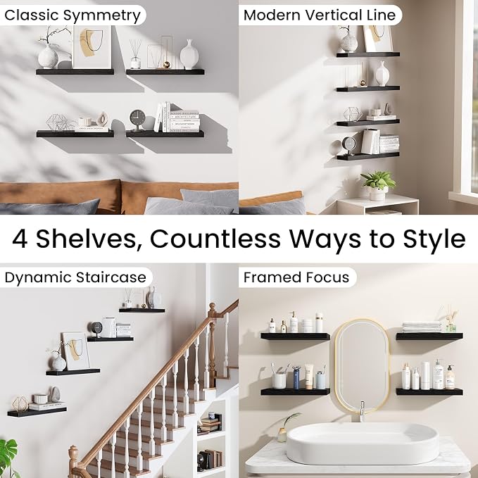 BAYKA Black Floating Shelves 15.7in, Set of 4, Wall Mount Rustic Wood Shelf | Easy Install, 22lbs Max Load, Hidden Bracket, Hanging Shelf for Books/Storage/Room Decor, Multi-Wall Compatible
