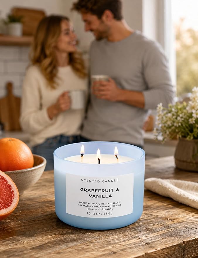 Grapefruit Vanilla 3-Wick Soy Candle | 15.8 oz Large Scented Candle for Home | Highly Scented Aromatherapy Candle for Women | Luxury Citrus Vanilla Candle Gift | Clean Burn Long Lasting