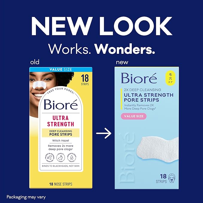 Bioré Witch Hazel Ultra Strength Blackhead Remover Pore Strips, Clears Pores up to 2x More than Original Pore Strips, features C-Bond Technology, Oil-Free, Non-Comedogenic Use, 18 Count