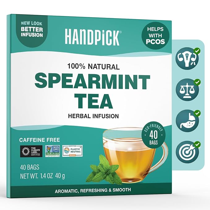 HANDPICK, Spearmint Tea Bags (40 Herbal Tea Bags) |Refreshing Mint Tea | Non-GMO | Round Eco-Conscious Teabags