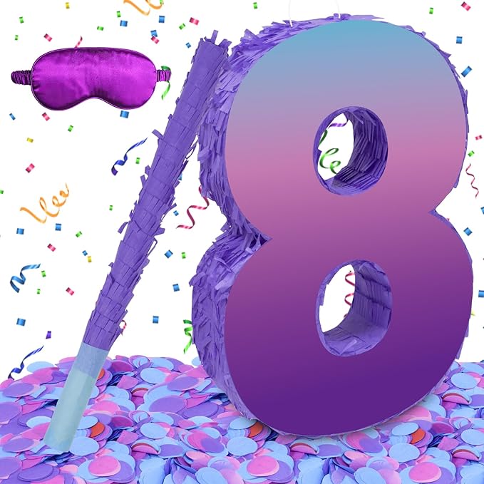 Purple Birthday Party Decorations, Purple Number 8 Pinata with Stick Blindfold Confetti for Girls Boys 8th Birthday Activity Game Gift (15.7 x 11.5 x 3 In)