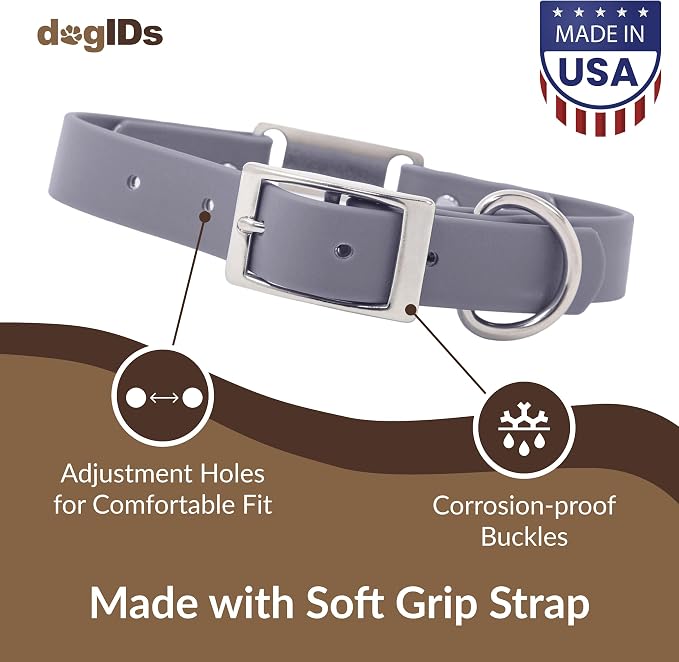 dogIDs Personalized Dog Collar – ScruffTag Custom Waterproof Biothane Dog Collar with Laser-Engraved Name, Durable & Odor-Resistant – USA Made | Grey, 3/4 in x 14 in (Fits Neck Sizes 12-16 in)