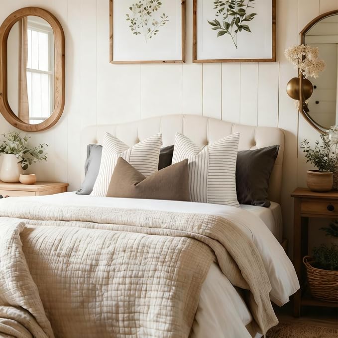 YCOLL Farmhouse Pillow Covers 20x20, Modern Accent Square Throw Pillow Covers Set of 2, Khaki and Beige Striped Patchwork Linen Decorative Pillows Cushion Covers for Couch Chair Bedroom Home Decor