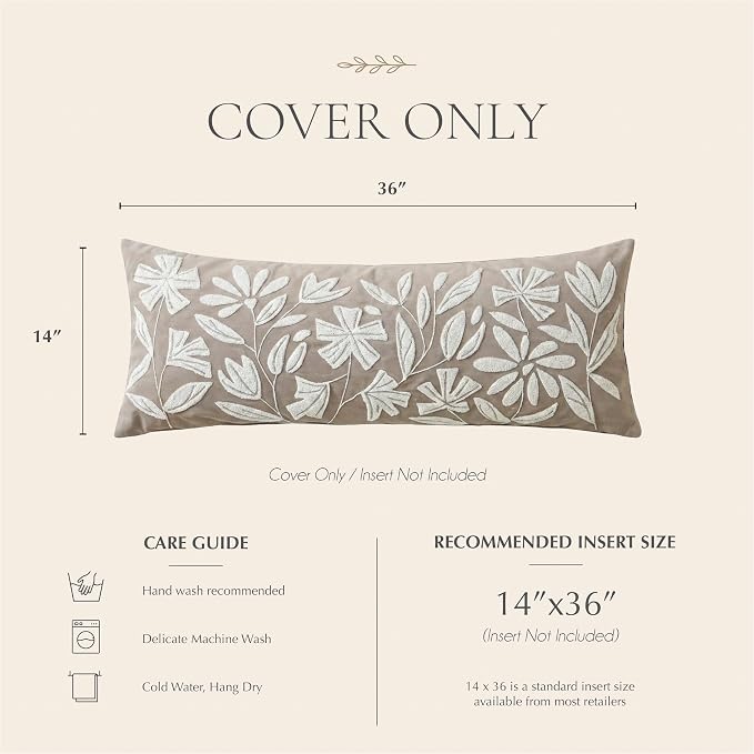 Long Lumbar Pillow Cover 14x36 for Bed, Light Taupe Floral Tufted Velvet Accent Oversize Throw Pillowcase for Bedroom, Cover Only