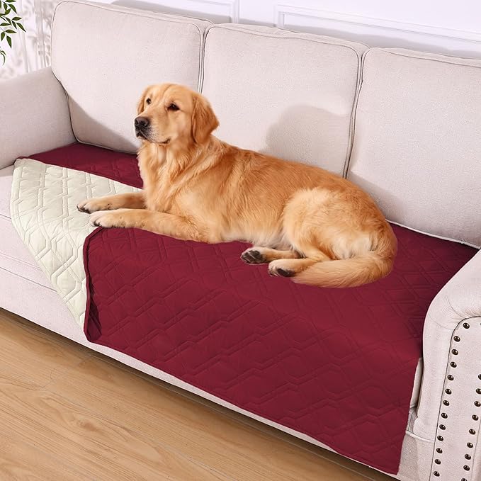 Waterproof Dog Bed Blanket - Soft Pet Blanket & Sofa Cover for Dogs | Reversible Washable Furniture Protector, Couch Covers for Pets (40x80 Inch, Wine Red/Beige)
