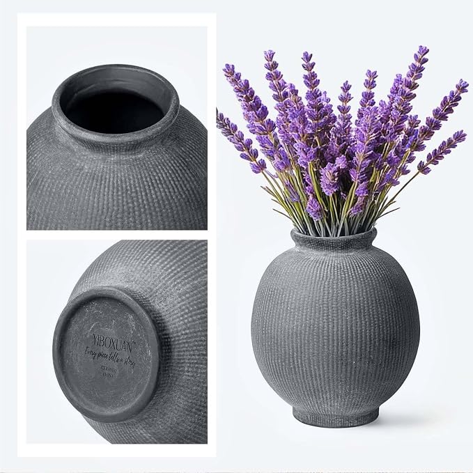 Ceramic Decorative Flower Vase - Rustic Farmhouse Boho Ceramic Vase for Home Decor, Table Centerpiece, Living Room, Bathroom, Book Shelf, Mantel Decoration, Wedding Decor (6.8" Black)