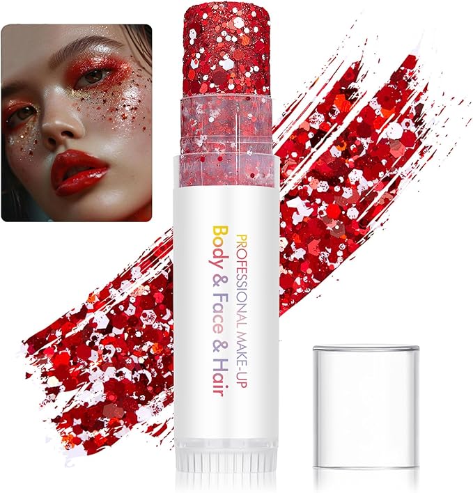 Christmas Body Glitter Stick Red Face Glitter Pink Hair Glitter Valentine's Face Paint Rave Makeup Glitter Festive Face Gems Party Fine Chunky Glitter Stick for Women Girls 2Pack
